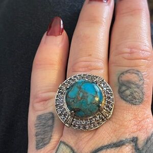 Antique king man turquoise and diamond set in 925 sterling silver ring